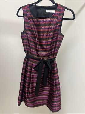 Trina Turk Black, Pink & Purple Striped Sleeveless Belted Mini Dress